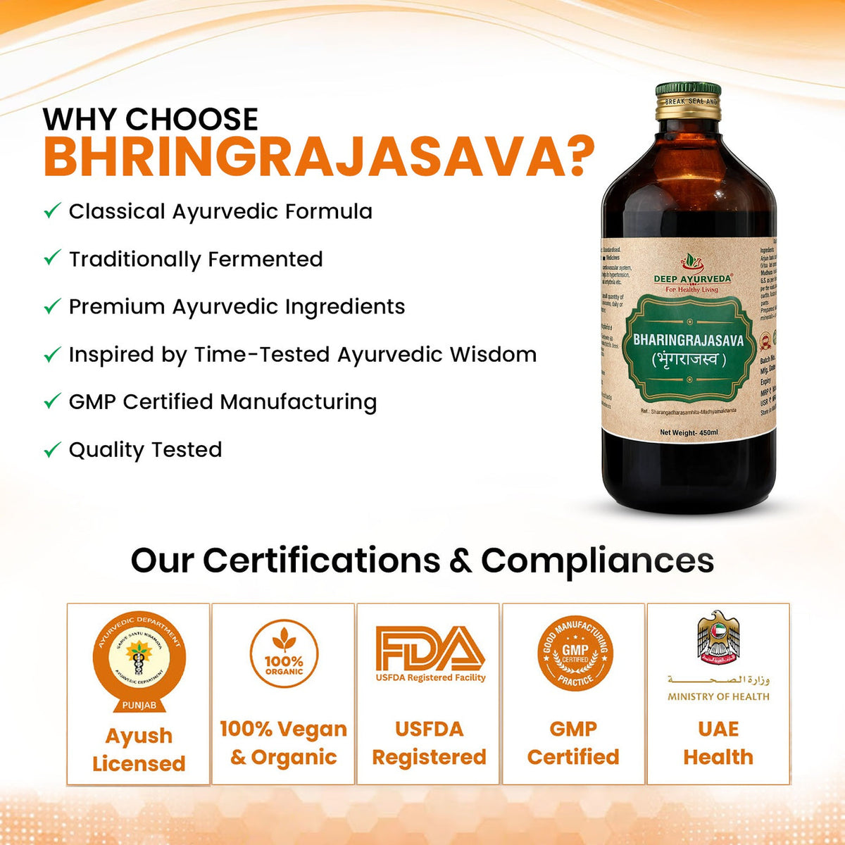 Bhringrajasava | Classical Ayurvedic Liquid Tonic by Deep Ayurveda | 450 ml