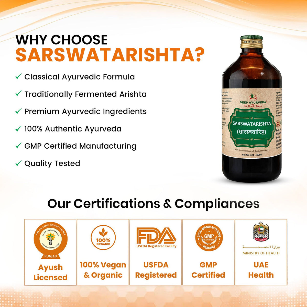 Saraswatharishtam | Classical Ayurvedic Liquid Tonic by Deep Ayurveda | 450 ml