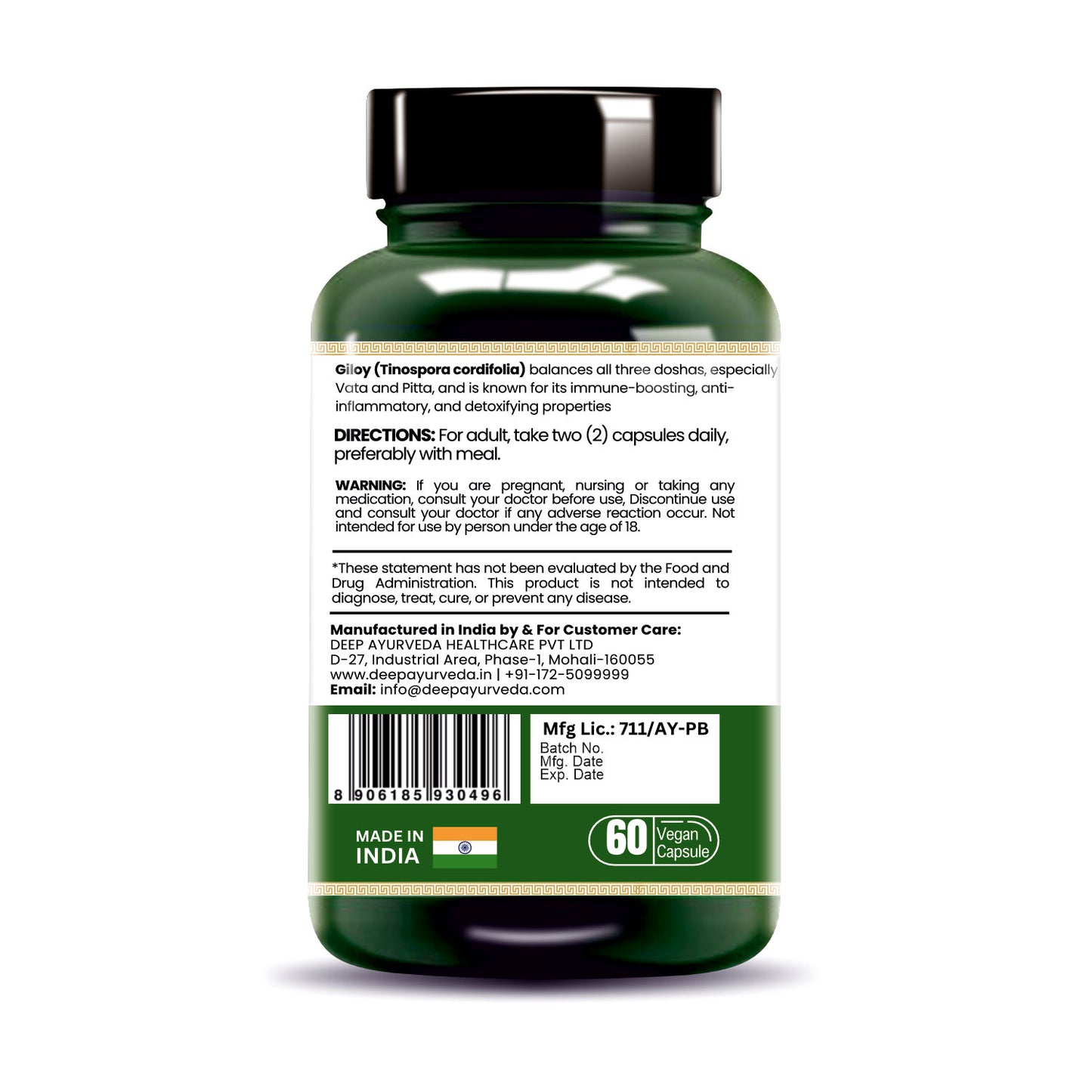 Giloy (Tinospora cordifolia) Vegan Capsule 500mg 10:1 Extract Based | Enhance immunity, Aid digestion & Antioxidant