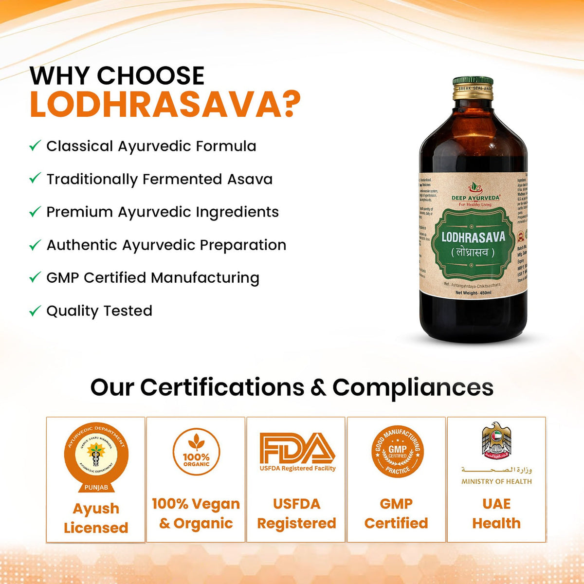 Lodhrasava | Classical Ayurvedic Liquid Tonic by Deep Ayurveda | 450 ml