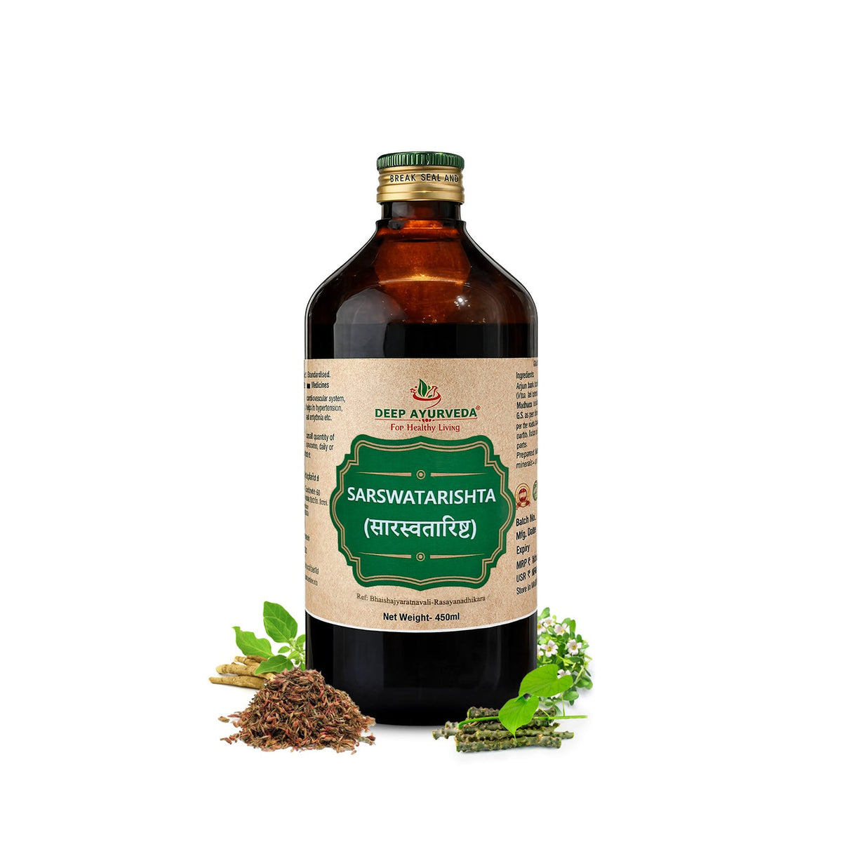 Saraswatharishtam | Classical Ayurvedic Liquid Tonic by Deep Ayurveda | 450 ml