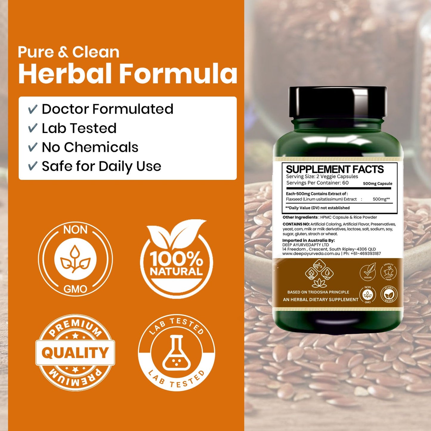 Flaxseed Vegan Capsule | 10:1 Extract Rich in omega-3 Fatty Acids, Fiber & lignans