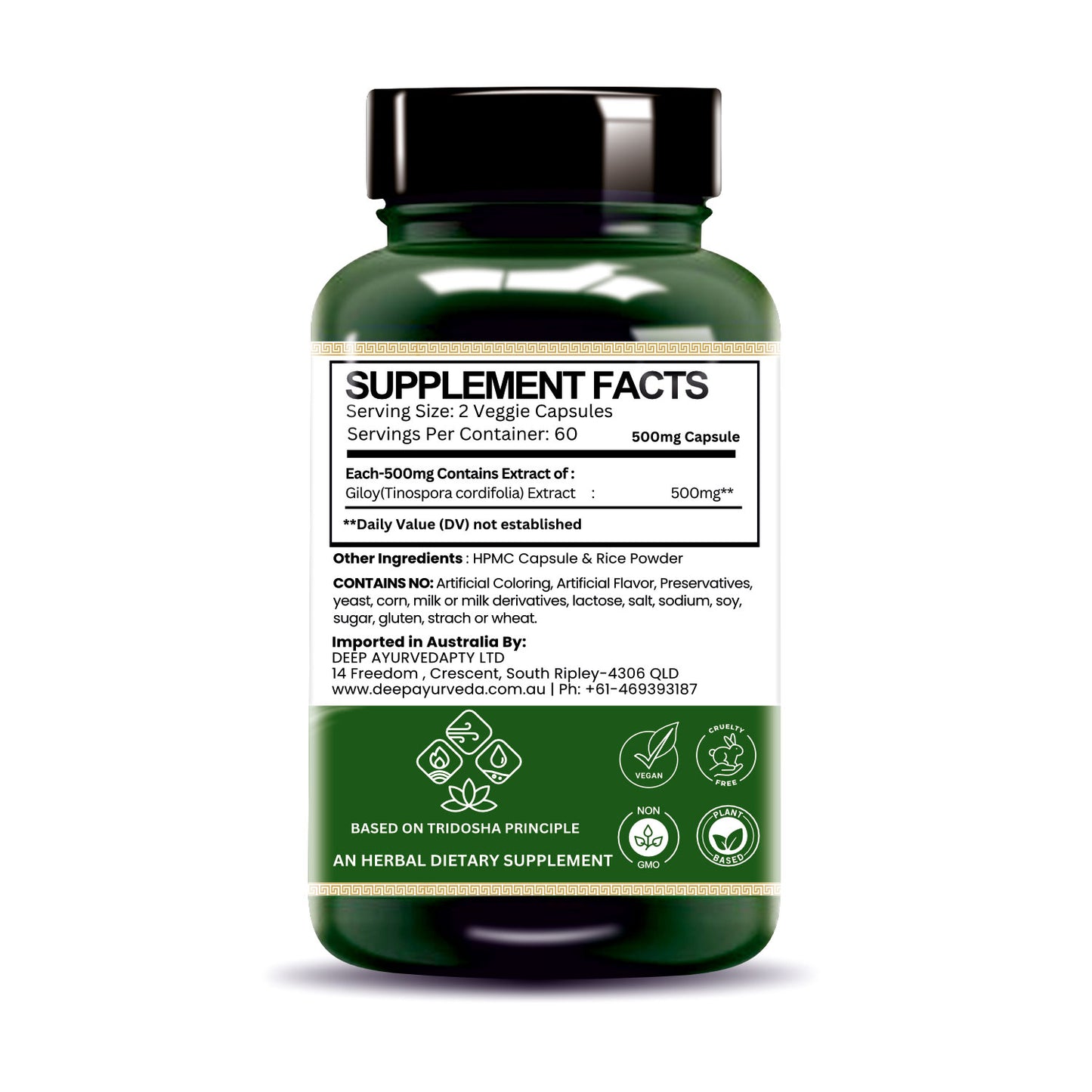 Giloy (Tinospora cordifolia) Vegan Capsule 500mg 10:1 Extract Based | Enhance immunity, Aid digestion & Antioxidant